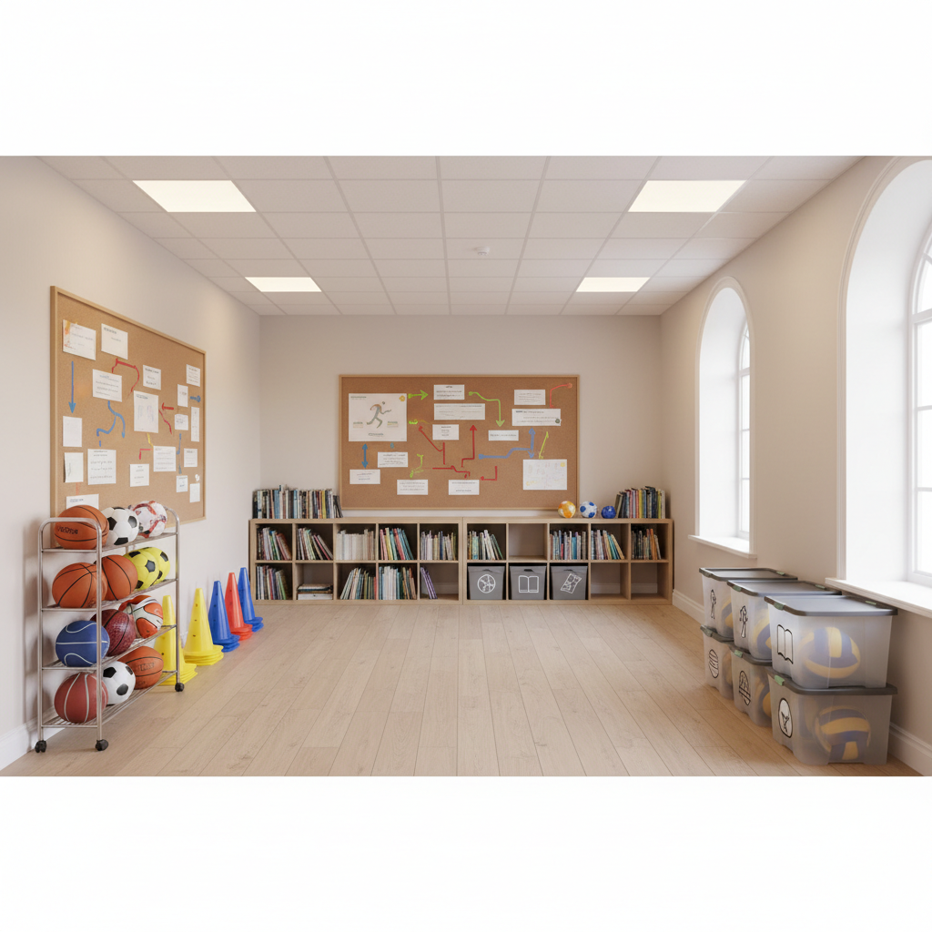 A bright, well-organized multipurpose room filled with visual cues of youth, athletic, and educational programs: neatly arranged sports equipment racks, colorful training cones, stacked basketballs, shelves of books, and labeled storage bins. Along one wall, a large bulletin board displays abstract charts and program maps without any readable text. Soft overhead lighting blends with diffused daylight from tall windows, creating an even, inviting illumination. Photographic realism at eye level with moderate depth of field, keeping the entire room in focus. The atmosphere feels active yet orderly, conveying responsible stewardship of funds and resources, and the quiet energy of a space where community programs and leadership activities are planned and supported.