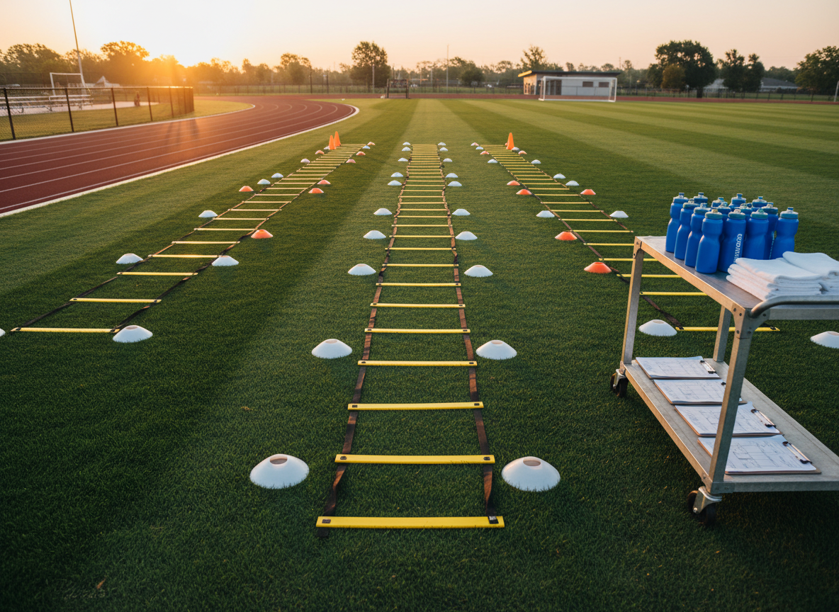 An inspiring training field at sunrise, with carefully lined grass, a running track curve, and a collection of neatly placed equipment: pylons, training ladders, and goal markers arranged with precision. On the sidelines, a shaded equipment cart holds water bottles, towels, and clipboards with intentionally blurred diagrams, suggesting support for athletes without any human figures. Warm early morning light creates long, soft shadows across the field, highlighting the texture of the turf and track. Photographic realism from a low-angle, wide shot that emphasizes depth and open space. The atmosphere is energetic yet calm, symbolizing opportunity, discipline, and the behind-the-scenes support that empowers community sports and youth leadership programs.
