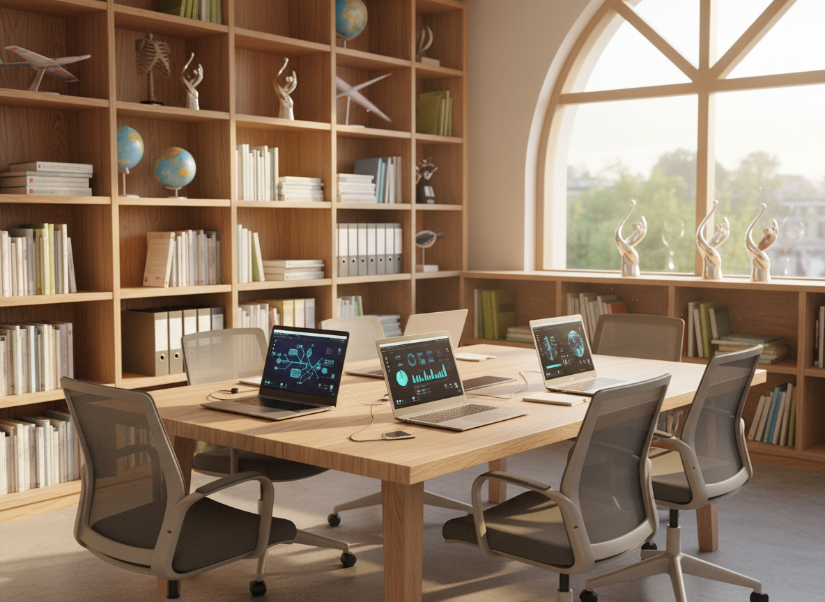 A dedicated study and innovation corner inside a community center, featuring a sturdy light-wood table, ergonomic chairs, and a row of sleek laptops open to abstract dashboards and digital learning tools without legible text. The backdrop includes tall bookshelves with organized educational materials, science models, and trophy-like awards representing community achievement and educator recognition. Large windows let in soft afternoon light, creating a warm, focused glow over the workspace and gentle shadows under the chairs. Photographic realism with a slightly elevated, three-quarter composition, keeping the foreground in crisp focus while the shelves blur slightly. The mood is aspirational and supportive, highlighting the foundation’s investment in learning, mentorship, and future-ready skills.
