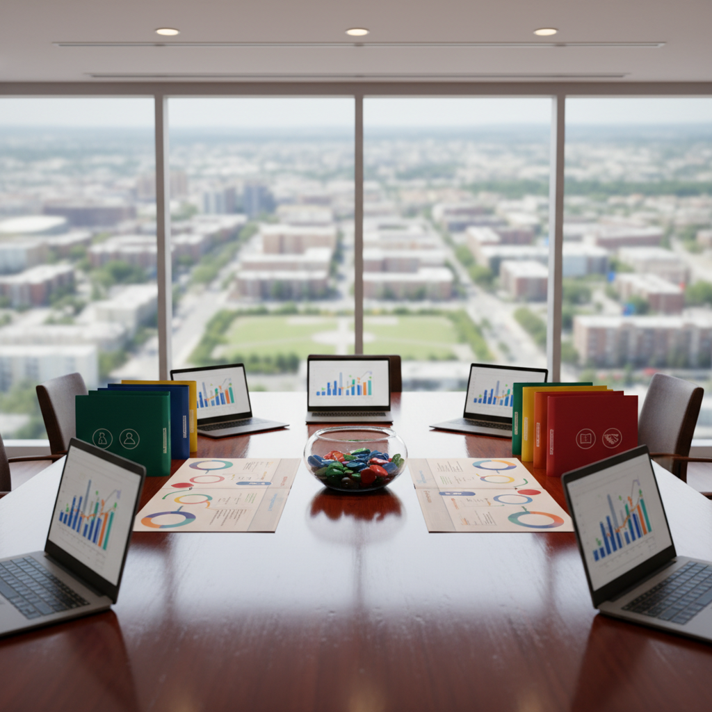 A polished wooden conference table in a modern meeting room, covered with visual symbols of collaboration and strategic community support: open laptops with abstract charts, printed program diagrams with blurred non-readable text, color-coded folders, and a central glass bowl filled with small tokens labeled only by color. Through a large window, an abstracted city and neighborhood landscape suggests the broader community. Natural daylight streams in, complemented by subtle recessed ceiling lights, creating crisp reflections on the tabletop. Captured from a slightly elevated, three-quarter angle in photographic realism, with sharp focus on the table surface and a gentle falloff toward the background. The mood is professional, focused, and optimistic, evoking thoughtful partnership planning for youth, educators, and local organizations.